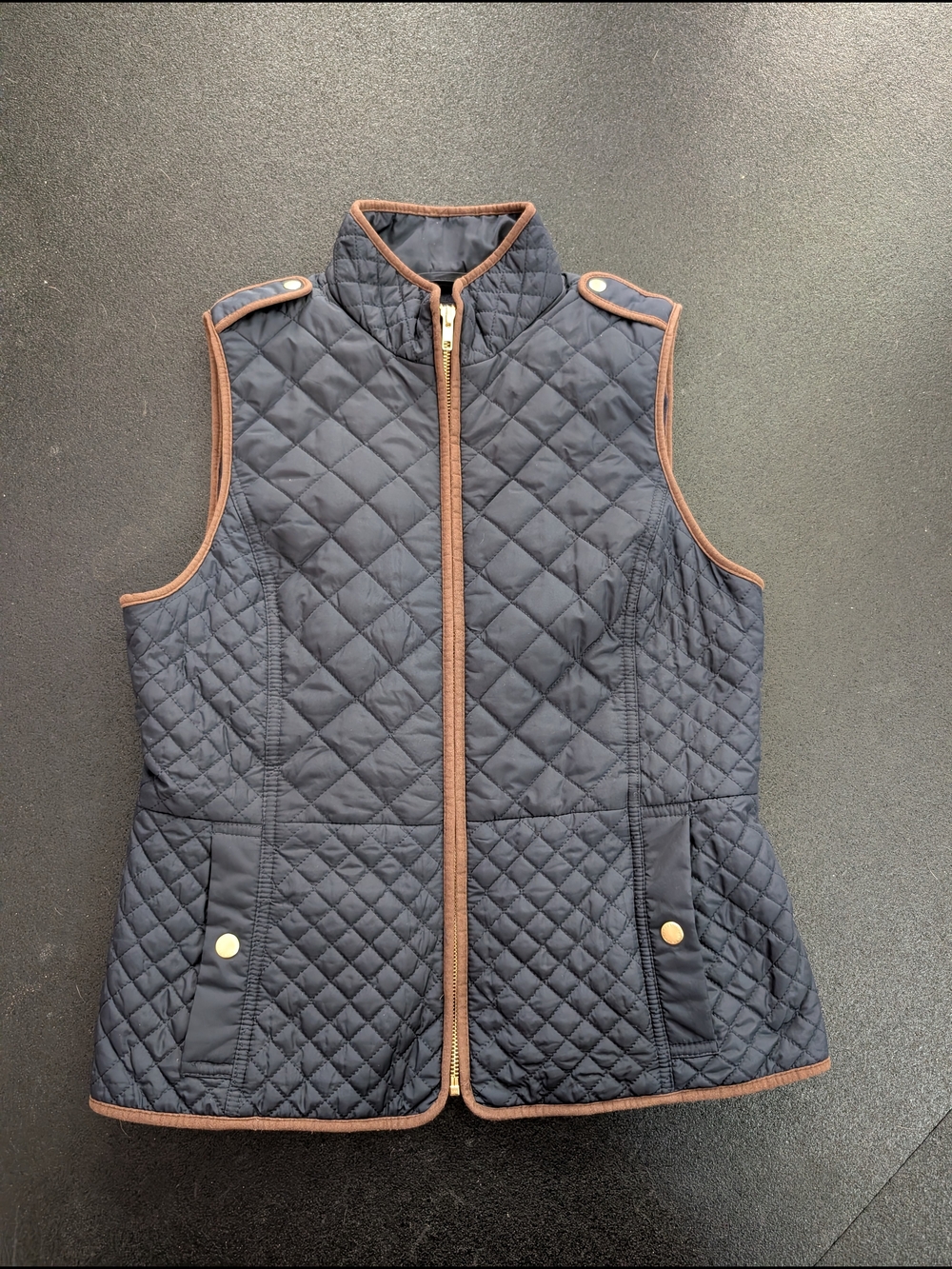 Talbots Navy Quilted Vest with Brown Trim and Gold Accents Size Small